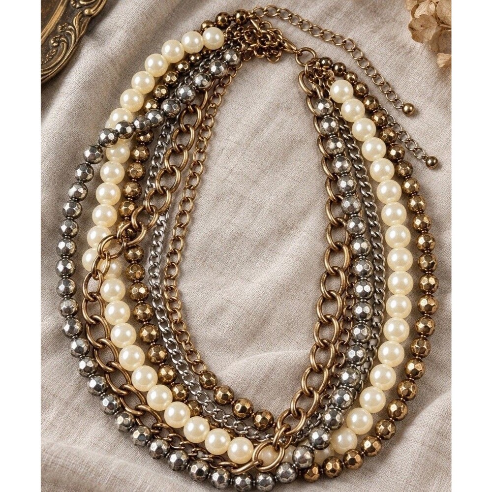 Vintage Multi Strand Faux Pearl Necklace Gold Silver Tone Chain Beaded Statement